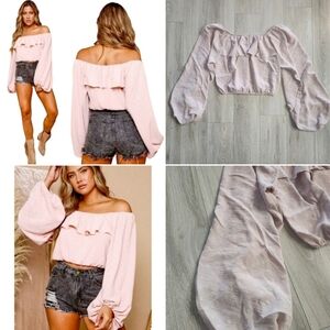 Off Shoulder Puff Sleeve Blouse pink✨️